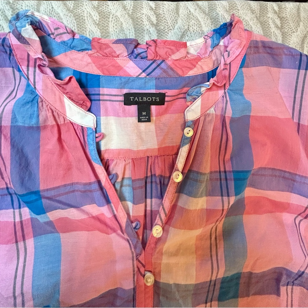 Talbots Pink and Blue Plaid Ruffle Blouse